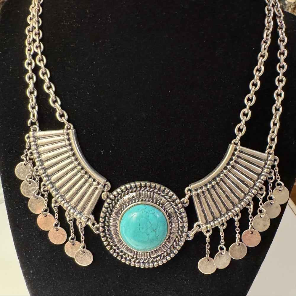 Aldo Silver Tone & Faux Turquoise Bib Necklace